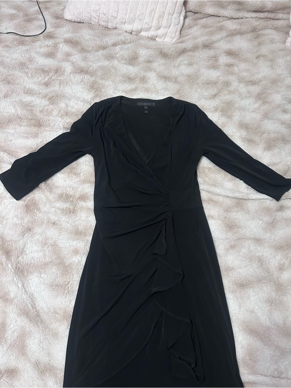 Asymmetrical Black Wrap Dress with Ruffle Detail